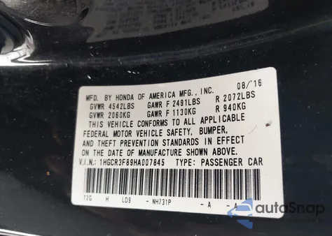 2017 Honda Accord Ex-L V6 from USA, damaged, VIN 1HGCR3F89HA007845